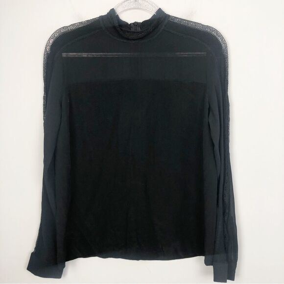 SANDRO PARIS | High Neck Sheer Accent Long Sleeve Black Top Women’s Size 2 - Picture 1 of 10